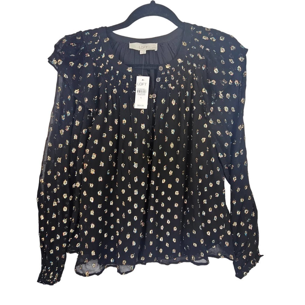 LOFT Glitter Polka Dot Long Sleeve Ruffle Sheer Blouse Lg Petite